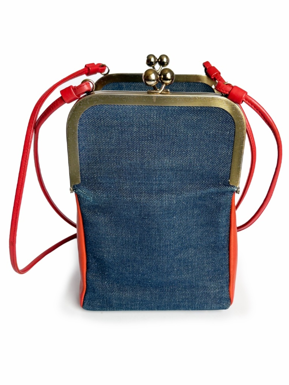 1970s Bonnie Cashin for Coach Red Leather Denim Double Entry Swinger Bag Rare - Picture 5 of 17